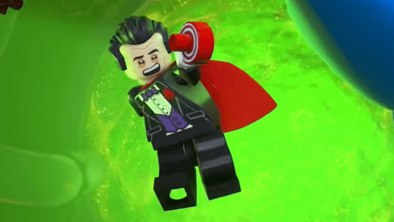 Red Hood joker falling into chemicals in LEGO batman Legacy of the Dark Knight.