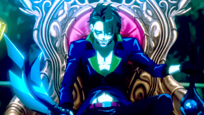 Joker sitting in a chair with a crooked smile.