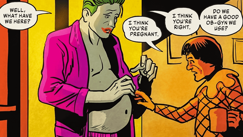 The Joker, wearing an open, bright purple jacket, revealing a pregnant stomach. A short man wearing jester-garb reaches out to touch the Joker's stomach. Speech bubbles read: Joker: 