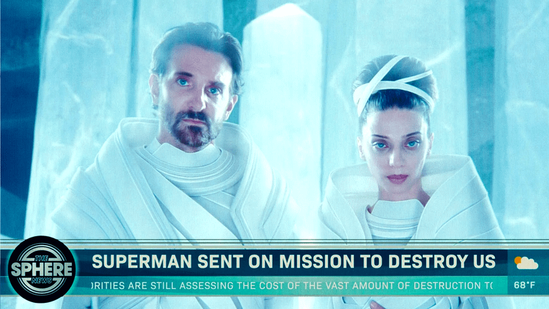 Bradley Cooper and Angela Sarafyan as Jor-El and Lara Lor-Van.