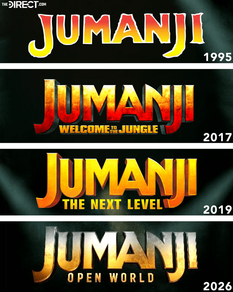 All four Jumanji movies logo.