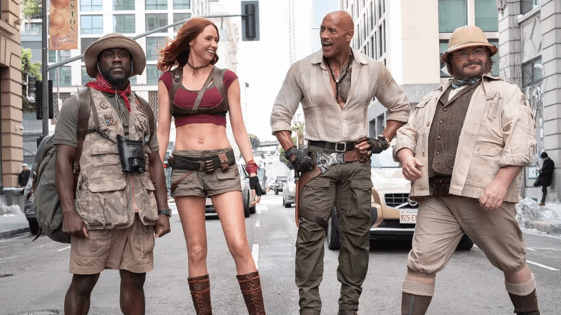 Kevin Hart, Karen Gillan, Dwayne Johnson, and Jack Black shooting for Jumanji 4.
