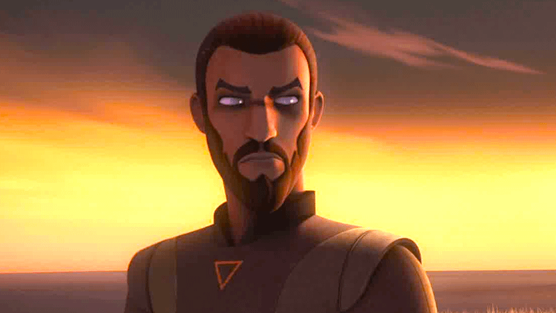 Kanan Jarrus with a sunset behind him in Star Wars Rebels