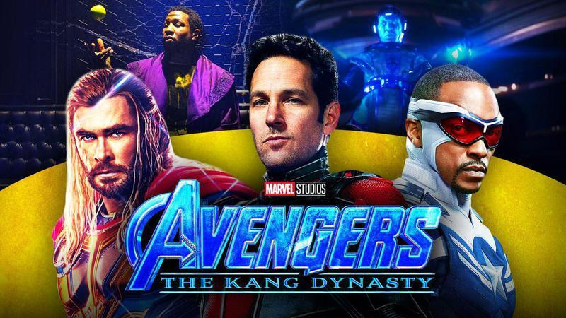 Chris Hemsworth as Thor, Paul Rudd as Ant-Man, and Anthony Mackie as Captain America with the Avengers: The Kang Dynasty logo