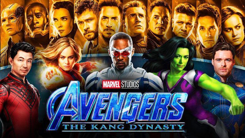 Shang-Chi, Captain Marvel, Captain America, She-Hulk, and Ikaris with the Avengers: The Kang Dynasty logo