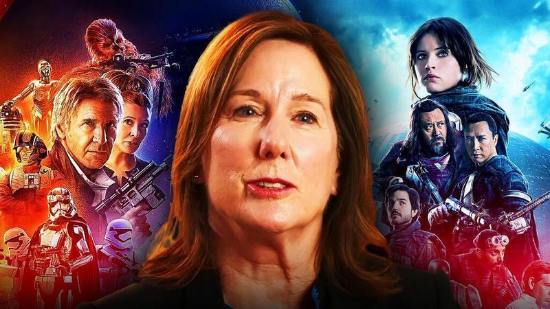 Kathleen Kennedy and characters from the Disney era of Star Wars.
