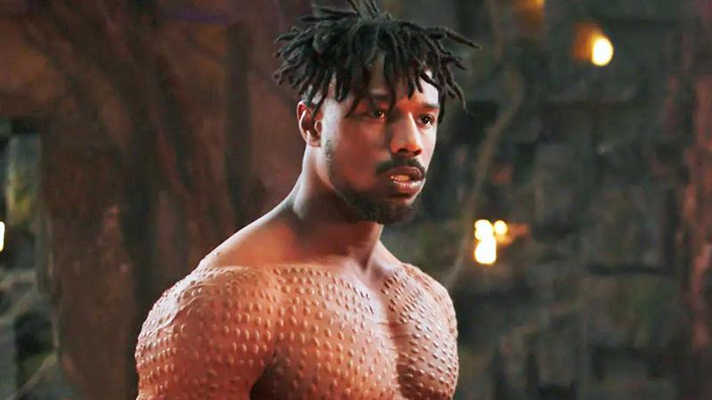 Michael B. Jordan as Killmonger with no shirt on in Black Panther