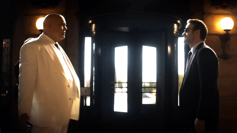 Vincent D'Onofrio as Wilson Fisk and Charlie Cox as Matt Murdock in Daredevil: Born Again Season 2.