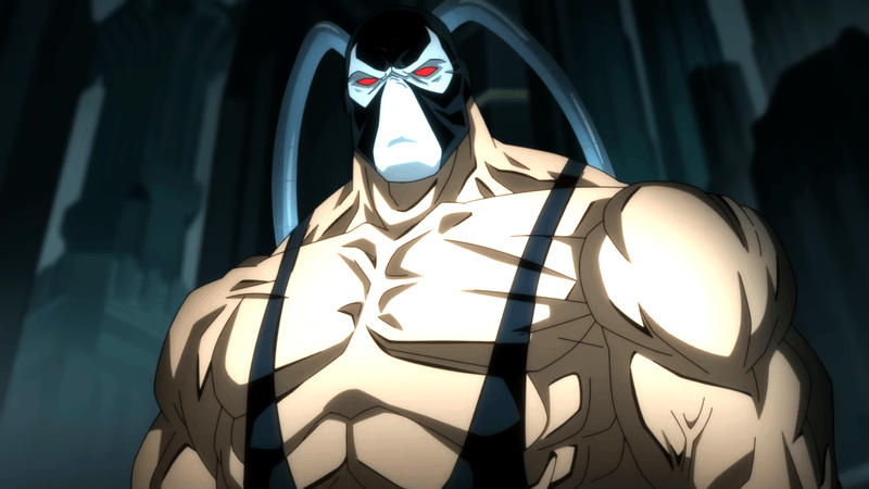Muscular Batman villain with red eyes, Bane.