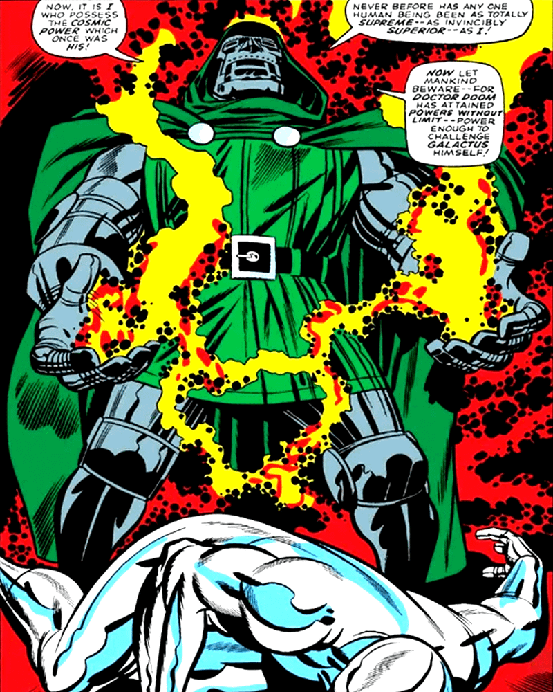 Doctor Doom using powers with Kirby Krackle effect in Marvel Comics.