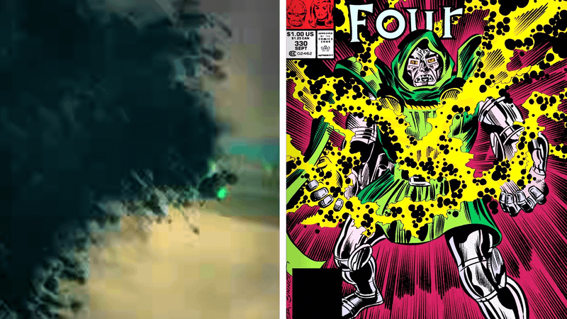 Doctor Doom using powers with Kirby Krackle effect in 'Avengers: Doomsday,' Doctor Doom using powers with Kirby Krackle effect in Marvel Comics.