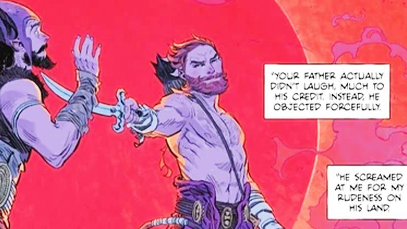 Krem confronts Ruthye's father in the comics with a sword.