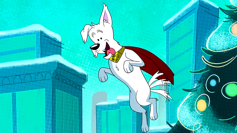 Krypto flying and wagging his tongue in 'Krypto Saves the Day!' series.