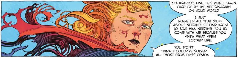Panel from Supergirl: Woman of Tomorrow showing Kara looking at Ruthye with a neutral expression, explaing how she had lied about Krypto being poisoned.