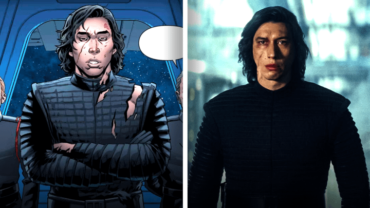 A panel from The Fall of Kylo Ren Issue 1, and Adam Driver's Kylo Ren.