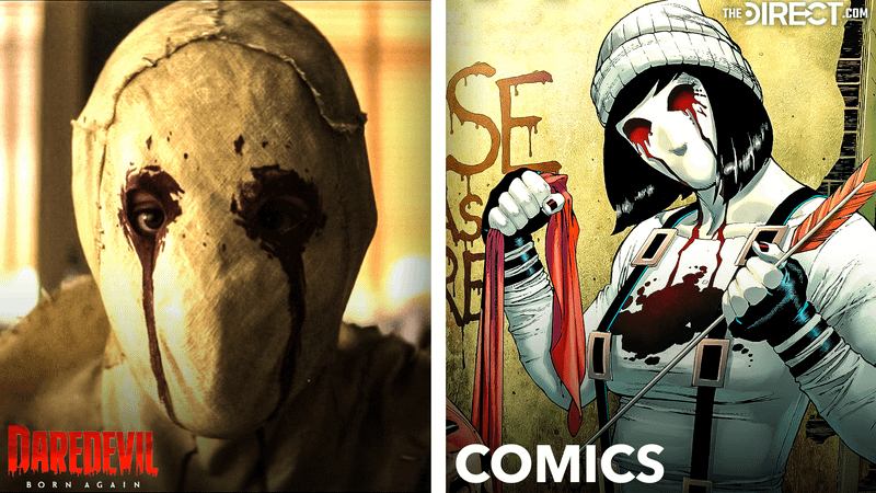 Heather Glenn wearing Muse's bloodied mask, and Morgan Whittier in Marvel Comics.