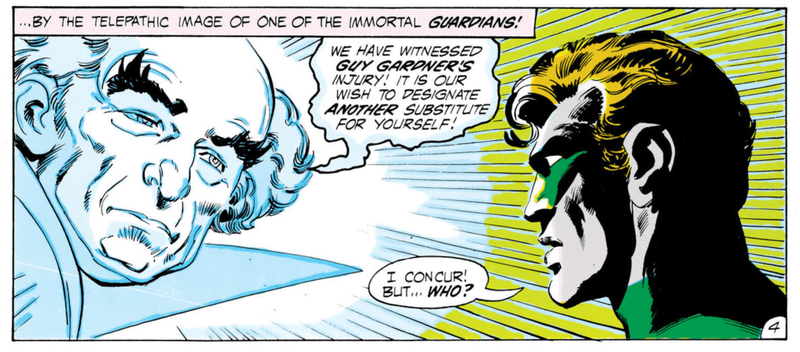 Hal Jordan speaking with one of the Guardians of the Universe.