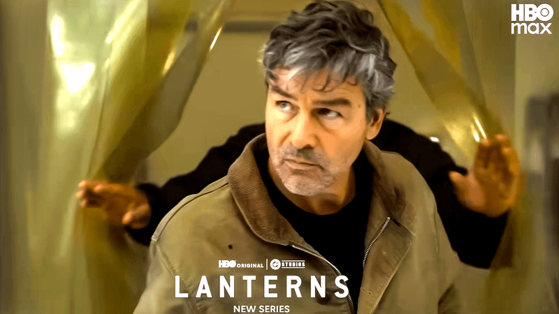 Kyle Chandler as Hal Jordan walking into a crime scene through some plastic sheeting in Lanterns.