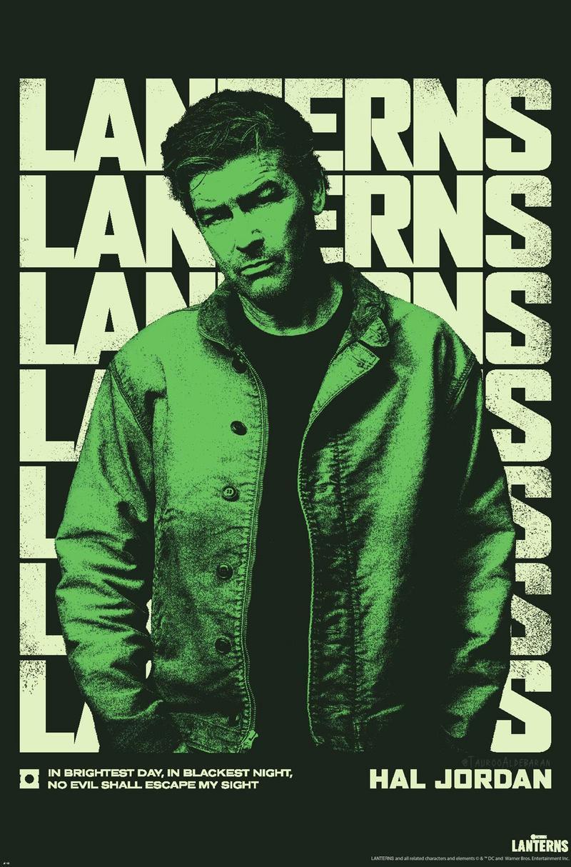 Chandler’s Hal Jordan posing against a wall of Lanterns logos.