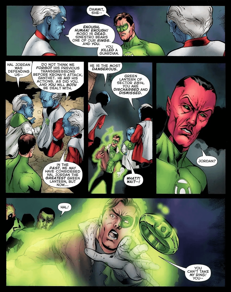 The Guardians taking away Hal Jordan's Power Ring in Green Lantern (2005) #67.