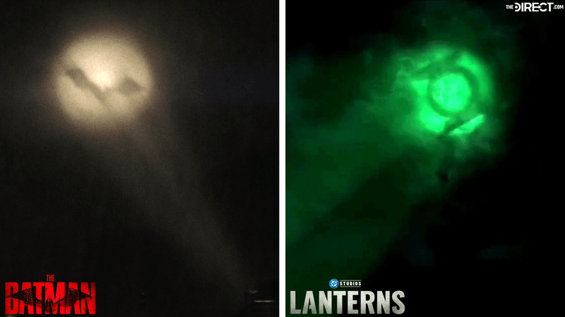 The Bat-signal on the left of the image and the Green Lantern symbol in the sky on the right side of the image.