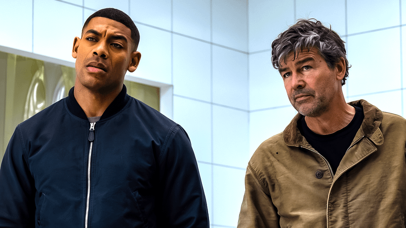 Aaron Pierre's John Stewart and Kyle Chandler's Hal Jordan in the slaughterhouse.