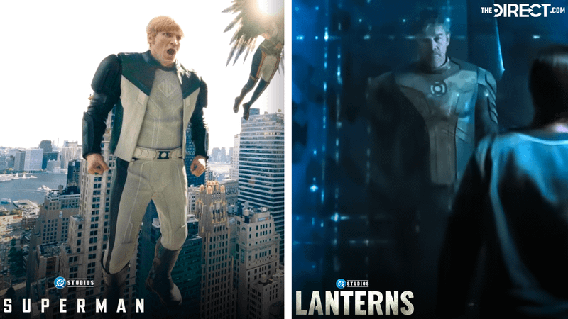 Nathan Fillion as Guy Gardner in Green Lantern suit from 'Superman,' Kyle Chandler as Hal Jordan in Green Lantern suit in 'Lanterns.'