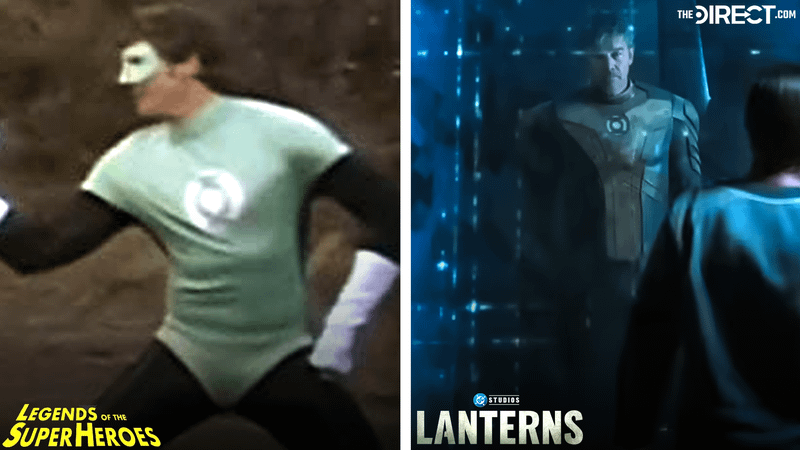Green Lantern suit from 'Legends of the Super Heroes,'  Kyle Chandler as Hal Jordan in Green Lantern suit in front of Sinestro in 'Lanterns.'