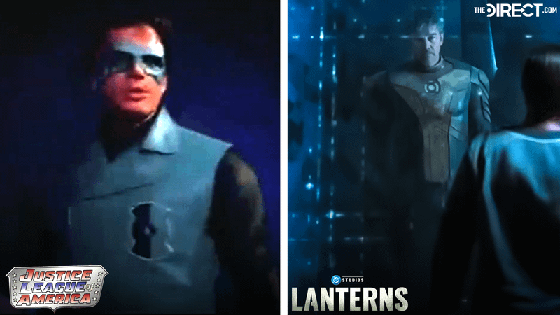 Green Lantern suit from 'Justice League of America,' Kyle Chandler as Hal Jordan in Green Lantern suit in front of Sinestro in 'Lanterns.'
