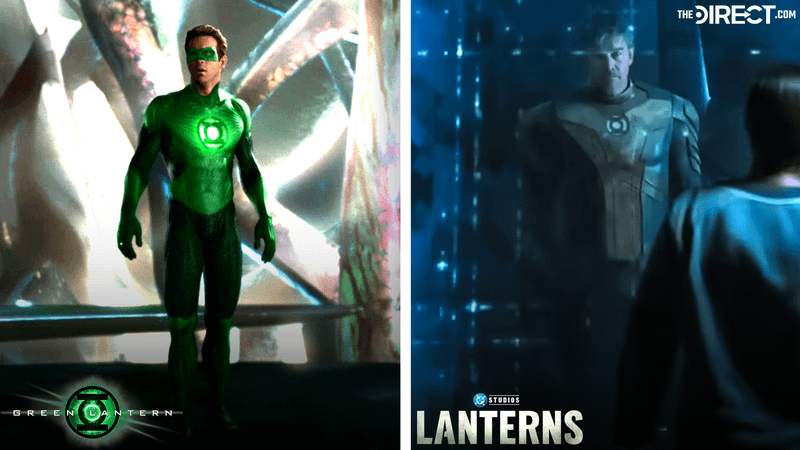 Ryan Reynolds in as Hal Jordan in Green Lantern suit in 'Green Lantern,' Kyle Chandler as Hal Jordan in Green Lantern suit in front of Sinestro in 'Lanterns.'