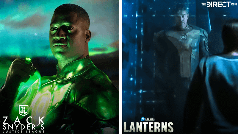 Wayne T. Carr as John Stewart in Green Lantern costume from test shot for 'Zack Snyder's Justice League,' Kyle Chandler as Hal Jordan in Green Lantern suit in 'Lanterns.'