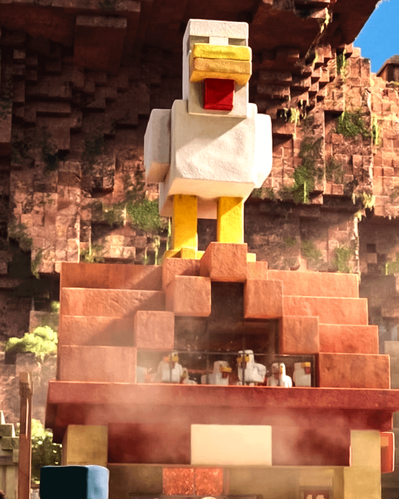 Lava Chicken standee in A Minecraft Movie.