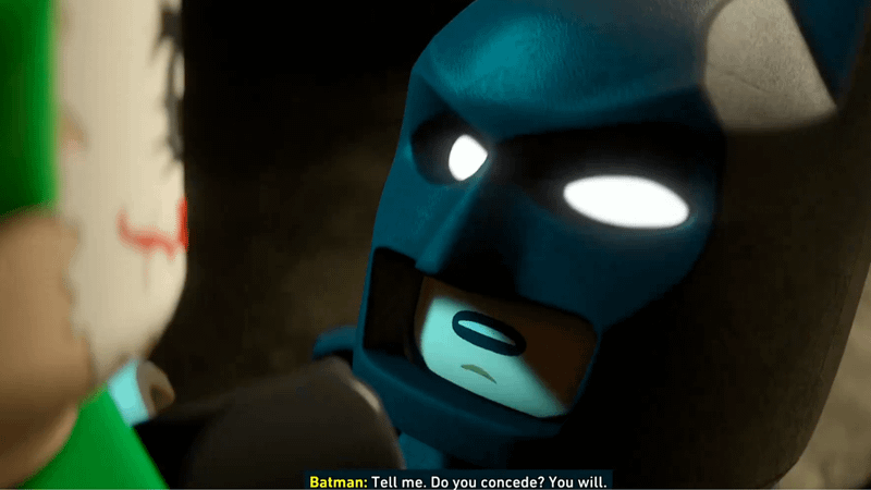 LEGO Batman interrogates Joker in LEGO Batman: Legacy of the Dark Knight.