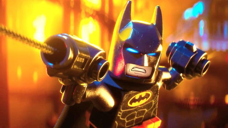 Batman using his grappling hook in The LEGO Batman movie.