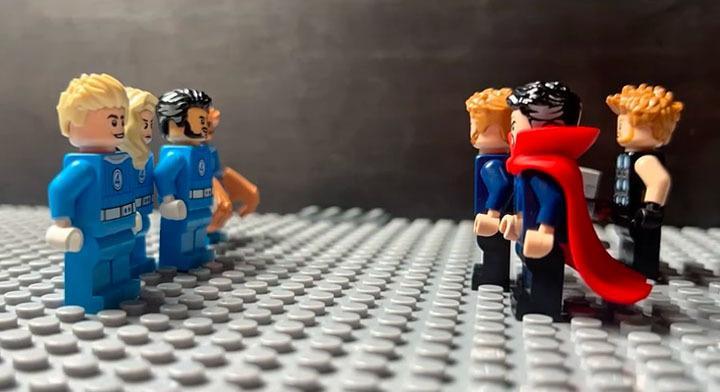 LEGO minifigs of Johnny Storm, Sue Storm, Reed Richards, and the Thing meeting Doctor Strange and Thor in recreated 'Avengers: Doomsday' trailer.