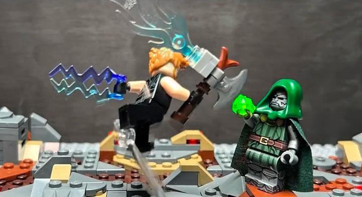 LEGO minifigs ofThor fighting Doctor Doom from  with Stormbreaker recreated 'Avengers: Doomsday' trailer.