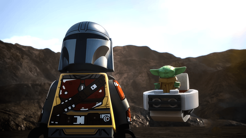 Mando and Grogu in LEGO form.