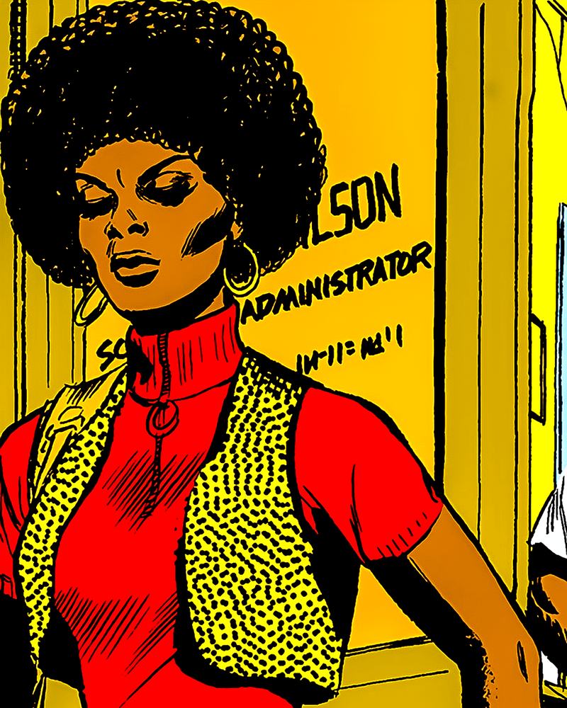 A comic panel of Leila Taylor against a yellow door, seemingly to Sam Wilson's office.