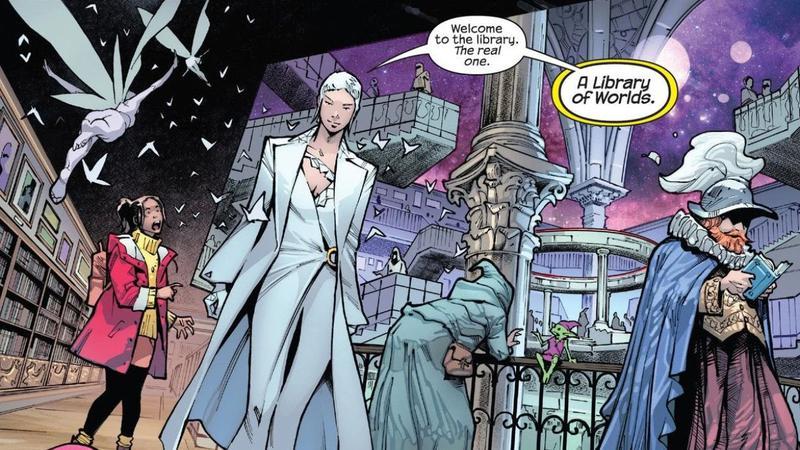 Characters walking around the Library of Worlds in Marvel Comics.