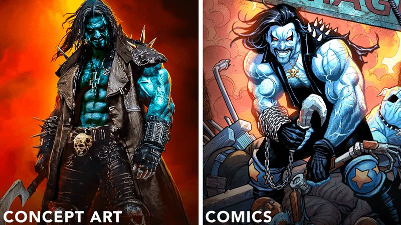 Lobo Supergirl concept art vs Lobo in DC Comics with blue skin.