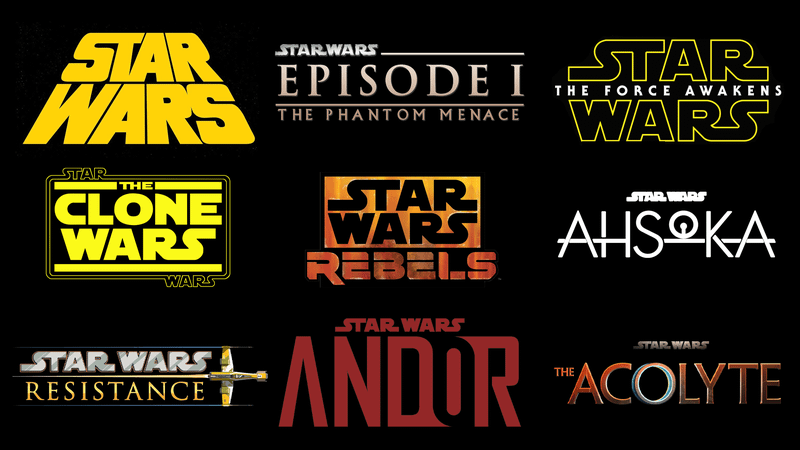 Star Wars logo, Phantom Menace logo, Force Awakens logo, The Clone Wars logo, Rebels logo, Ahsoka logo, Resistance logo, Andor logo, Acolyte logo