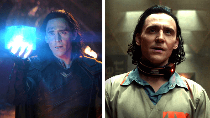 Tom Hiddleston as Loki in The Avengers and in Loki Season 1.