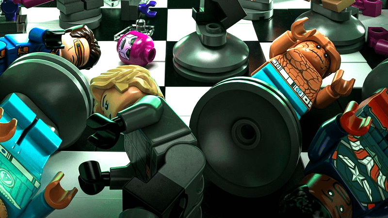 LEGO versions of Cyclops, Yelena Belova, a Sentinel, The Thing, and Captain America in LEGO 'Avengers: Doomsday' poster.