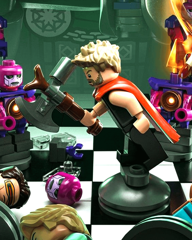 LEGO Thor looking at a Sentinel head in LEGO 'Avengers: Doomsday' poster.