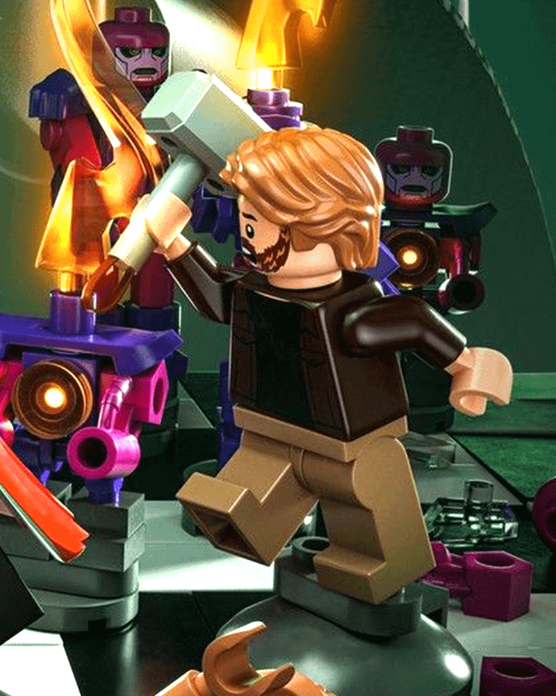LEGO Steve Rogers with Mjolnir in front of Sentinels in LEGO 'Avengers: Doomsday' poster.