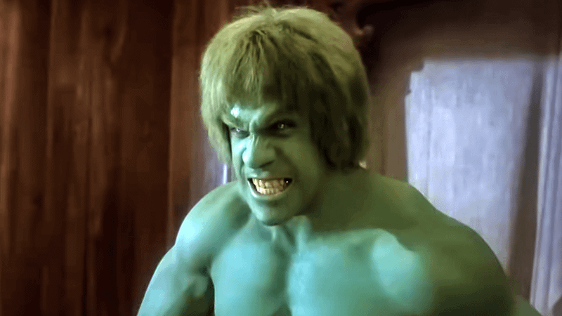 Lou Ferigno as the Hulk looking angry in The Incredible Hulk