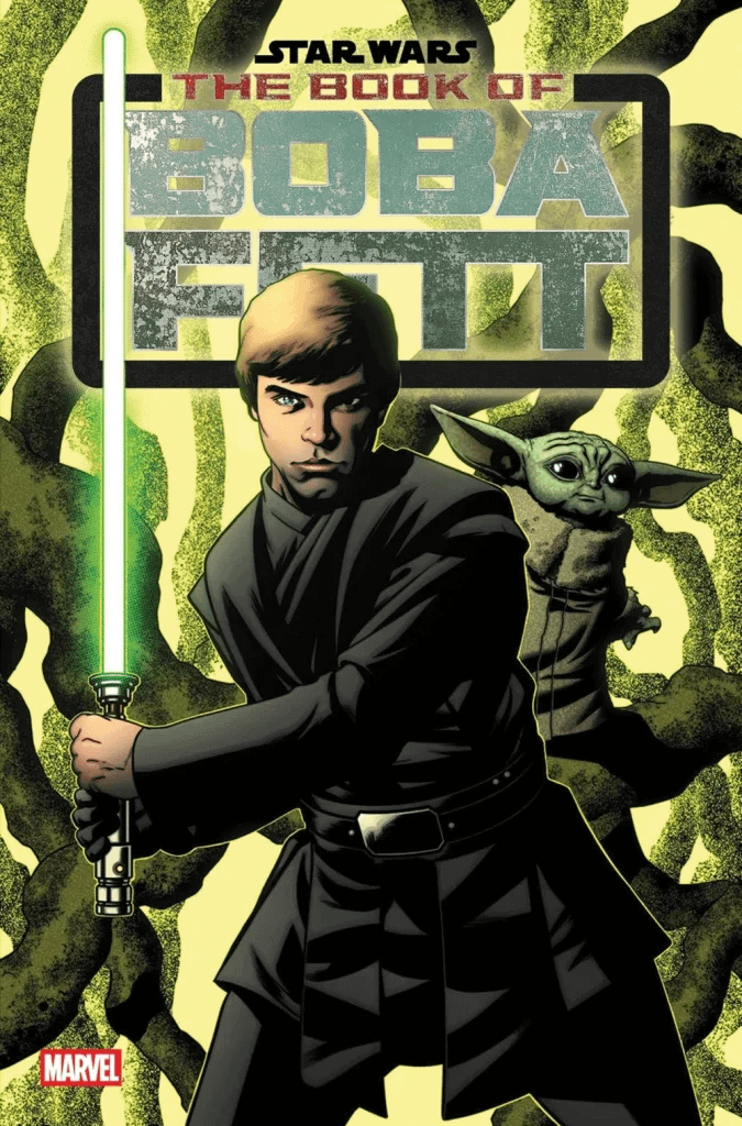 Luke Skywalker wielding a lightsaber alongside Grogu.