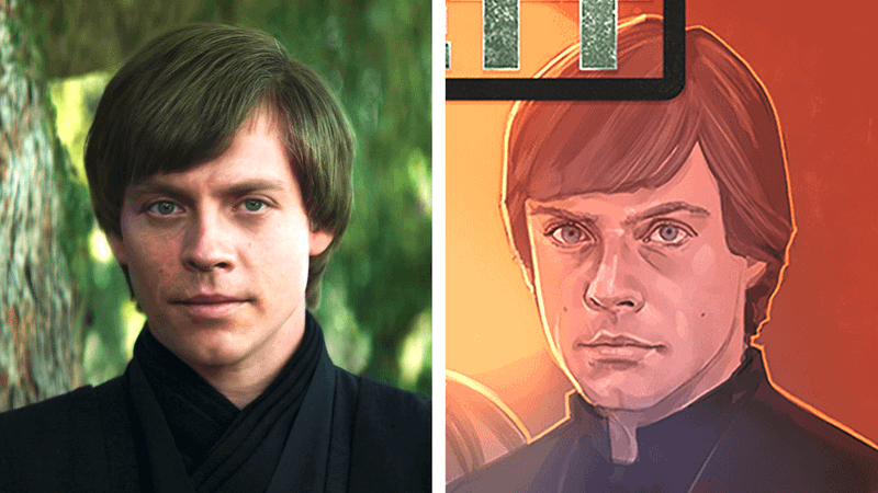 Luke Skywalker in live-action alongside comic cover version.