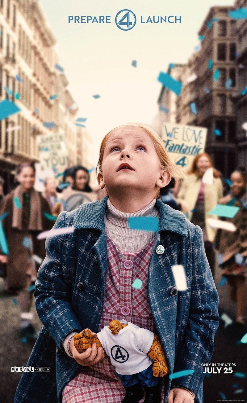 The Fantastic Four: First Steps poster with little girl looking up