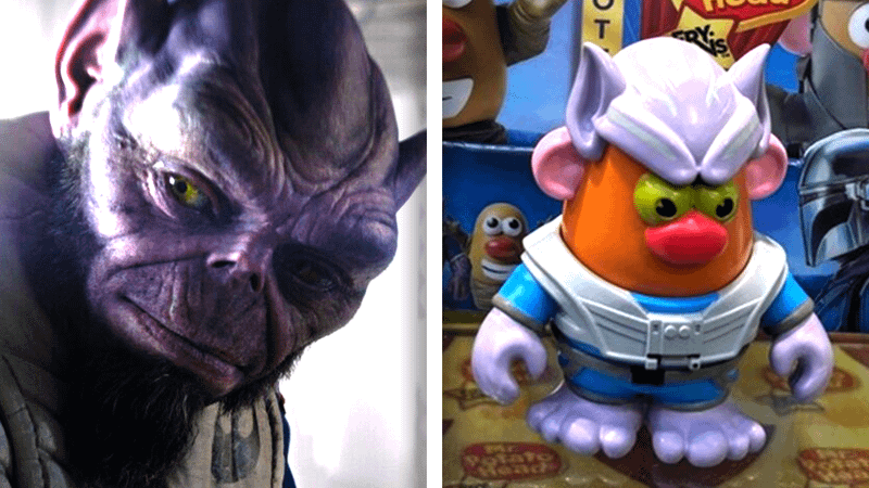Zeb Orrelios watches something carefully in The Mandalorian; the Mr. Potato Head version of Zeb possesses green eyes, Lasat ears, and Zeb's signature outfit.